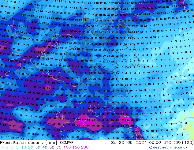 Precipitation accum. ECMWF сб 28.09.2024 00 UTC