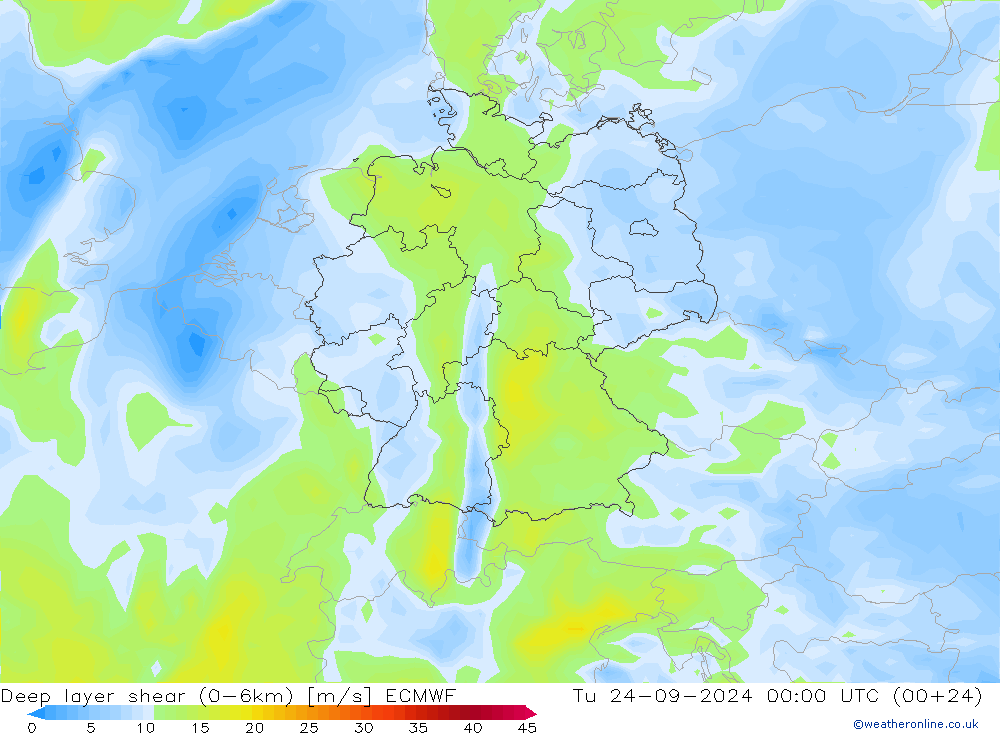 Deep layer shear (0-6km) ECMWF Tu 24.09.2024 00 UTC