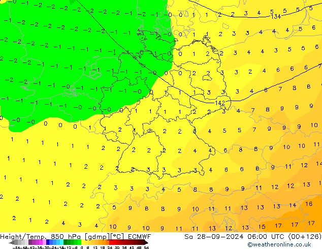 Géop./Temp. 850 hPa ECMWF sam 28.09.2024 06 UTC