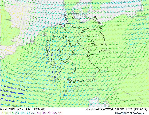 Vento 500 hPa ECMWF lun 23.09.2024 18 UTC