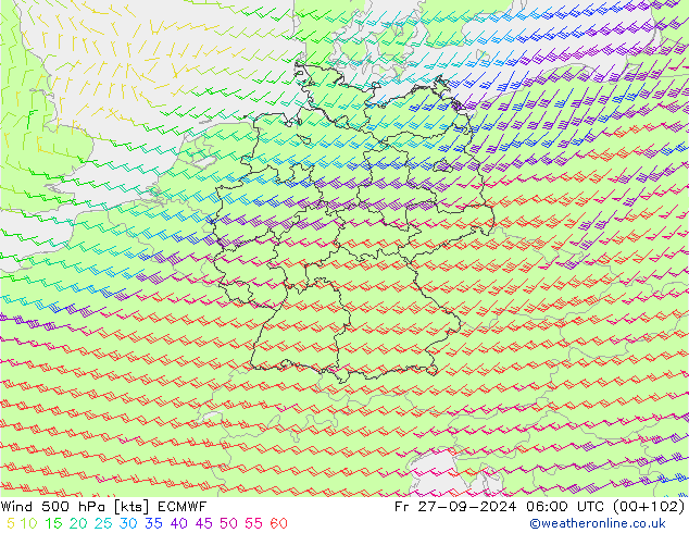 Wind 500 hPa ECMWF Fr 27.09.2024 06 UTC