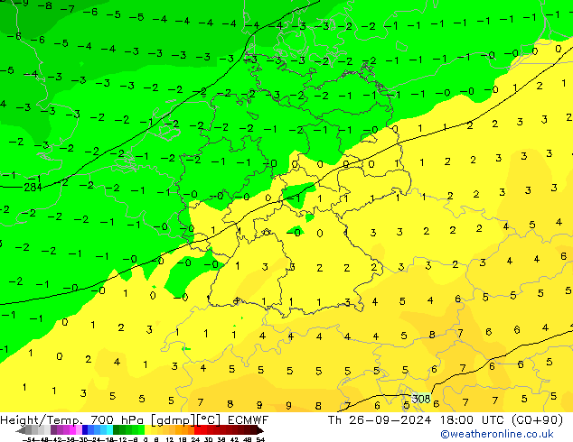 Height/Temp. 700 hPa ECMWF Th 26.09.2024 18 UTC