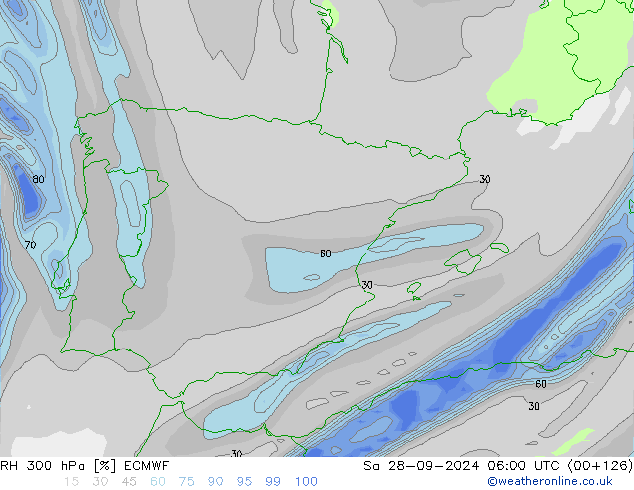 RH 300 hPa ECMWF Sa 28.09.2024 06 UTC