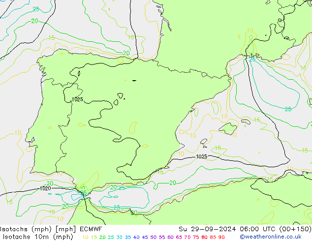 Isotachen (mph) ECMWF zo 29.09.2024 06 UTC