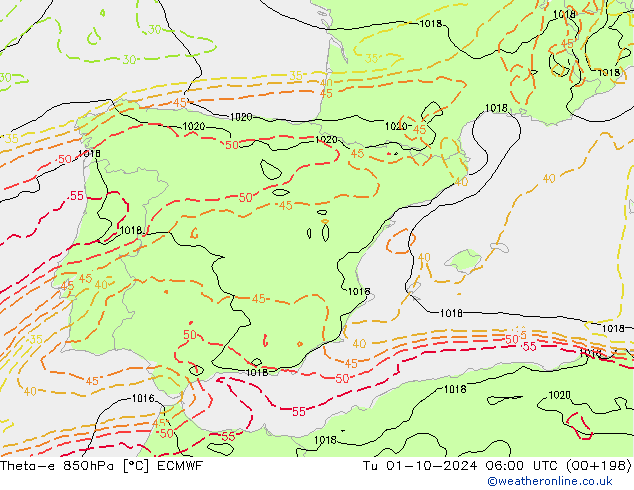 Theta-e 850hPa ECMWF  01.10.2024 06 UTC