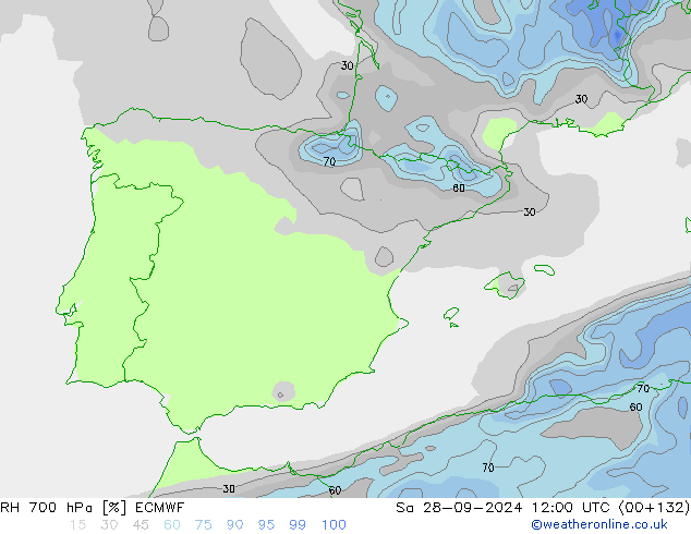 RH 700 гПа ECMWF сб 28.09.2024 12 UTC