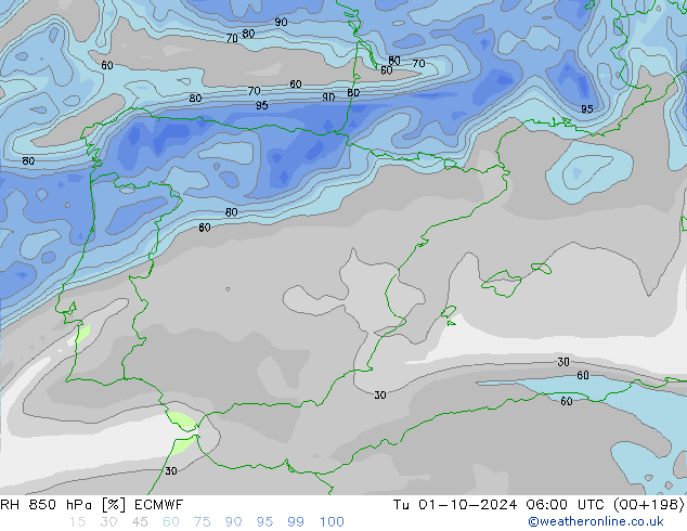 RH 850 hPa ECMWF Tu 01.10.2024 06 UTC