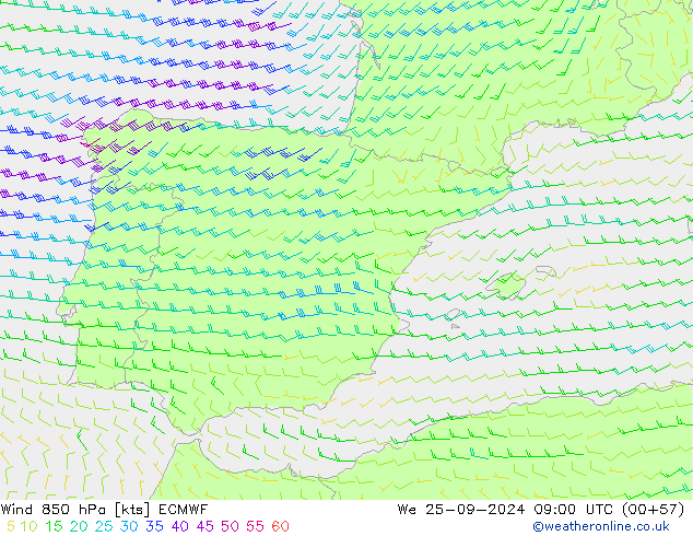 Wind 850 hPa ECMWF Mi 25.09.2024 09 UTC