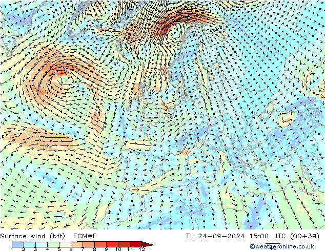 Surface wind (bft) ECMWF Út 24.09.2024 15 UTC