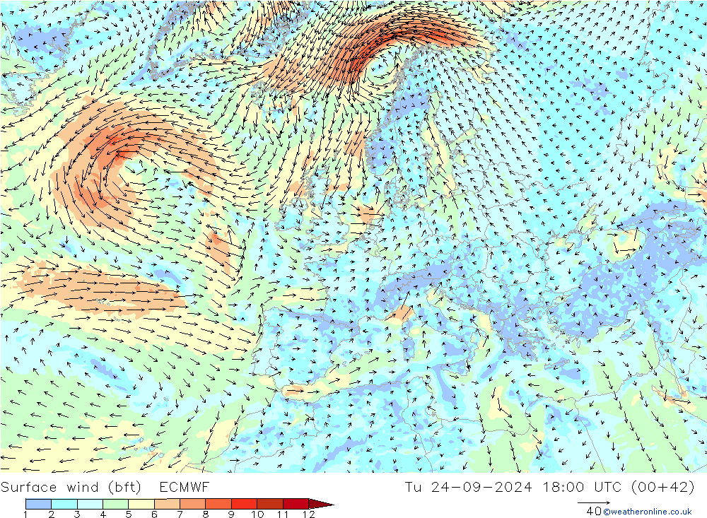 Rüzgar 10 m (bft) ECMWF Sa 24.09.2024 18 UTC