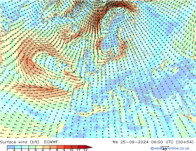 Bodenwind (bft) ECMWF Mi 25.09.2024 06 UTC