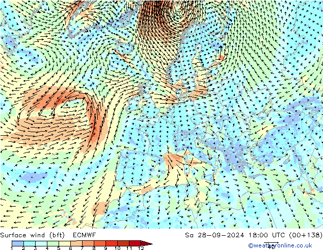 Surface wind (bft) ECMWF Sa 28.09.2024 18 UTC