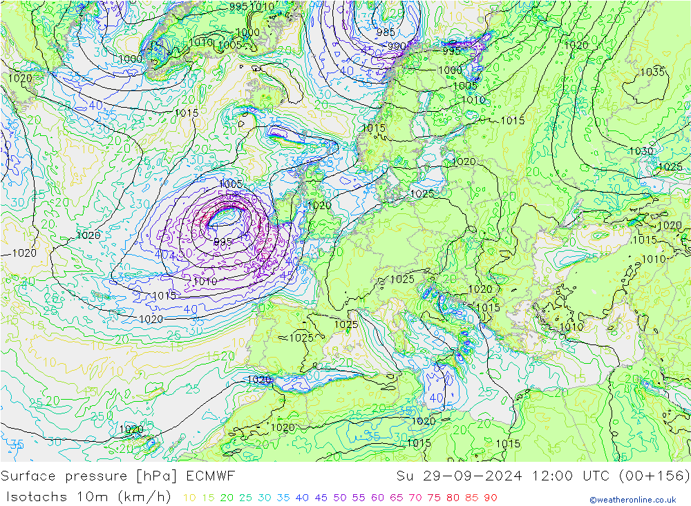 Isotachs (kph) ECMWF Su 29.09.2024 12 UTC