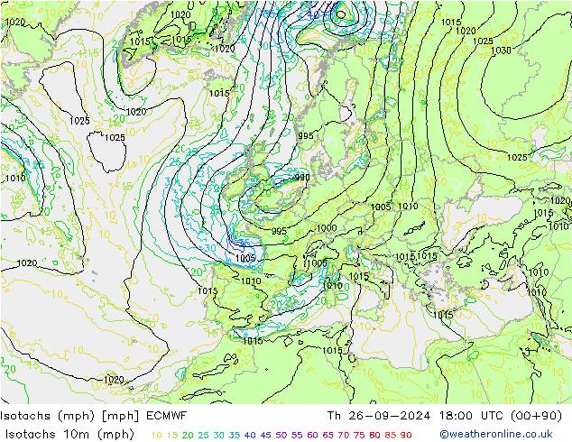 Isotaca (mph) ECMWF jue 26.09.2024 18 UTC