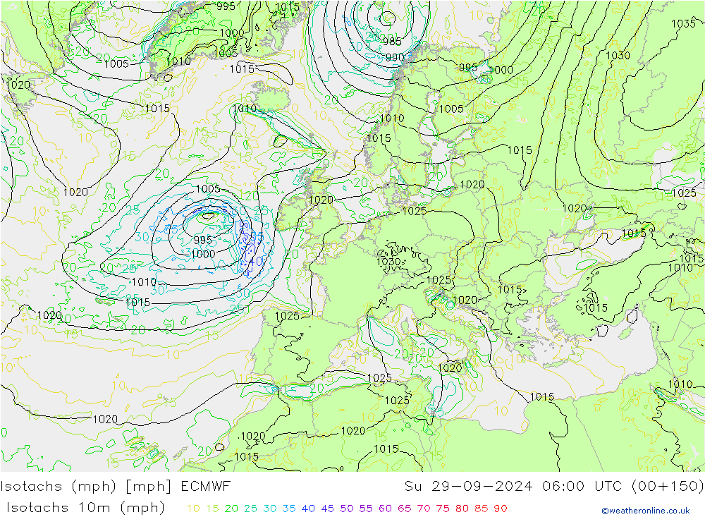 Isotachs (mph) ECMWF  29.09.2024 06 UTC