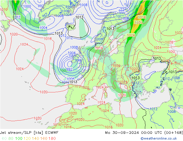 джет/приземное давление ECMWF пн 30.09.2024 00 UTC