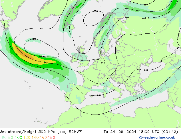 Prąd strumieniowy ECMWF wto. 24.09.2024 18 UTC