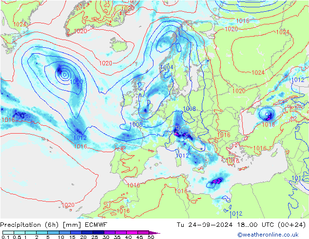 Z500/Rain (+SLP)/Z850 ECMWF 星期二 24.09.2024 00 UTC