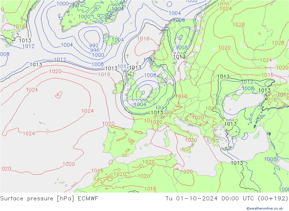 Surface pressure ECMWF Tu 01.10.2024 00 UTC