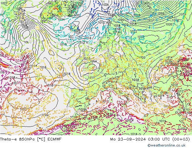 Theta-e 850hPa ECMWF Mo 23.09.2024 03 UTC