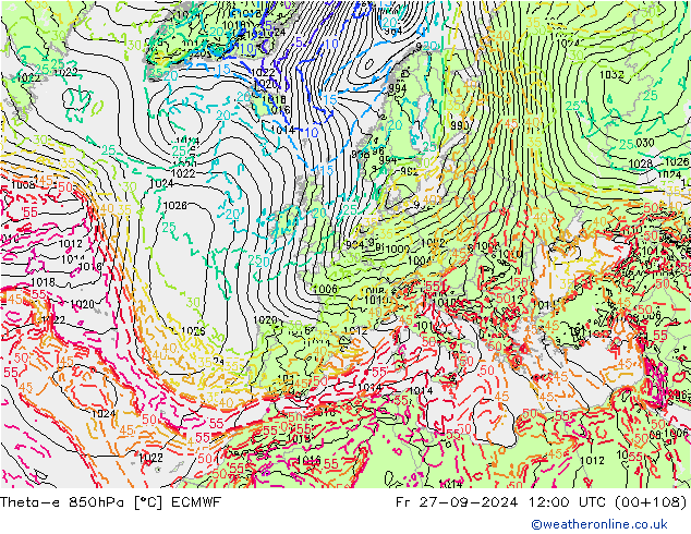 Theta-e 850hPa ECMWF Cu 27.09.2024 12 UTC