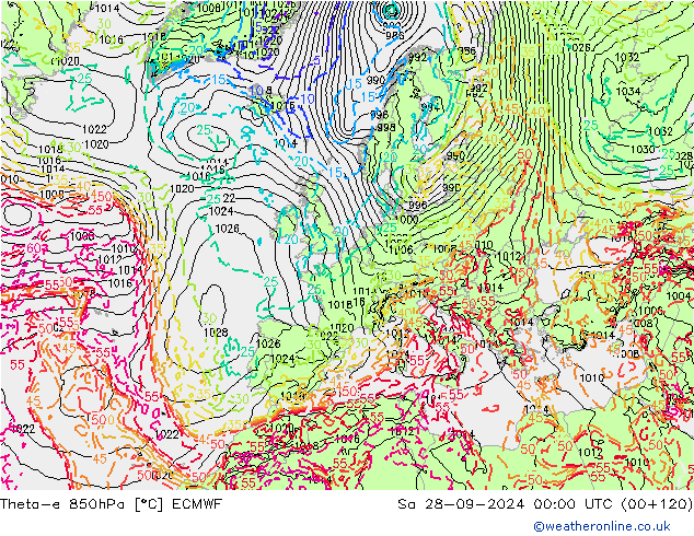 Theta-e 850hPa ECMWF Sa 28.09.2024 00 UTC