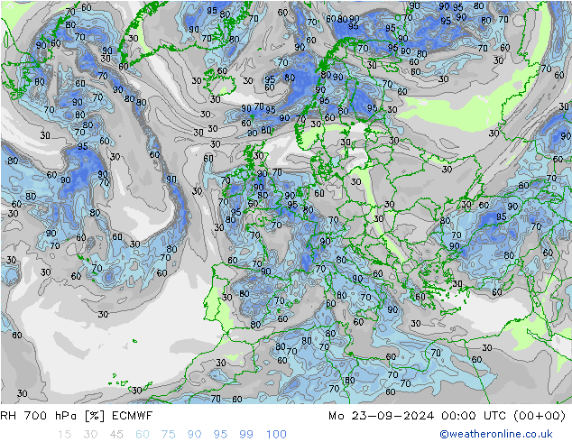 RH 700 hPa ECMWF Mo 23.09.2024 00 UTC