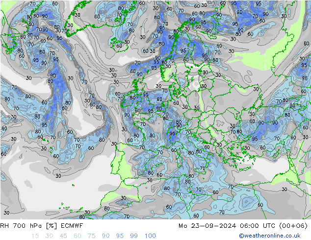 RH 700 hPa ECMWF Mo 23.09.2024 06 UTC