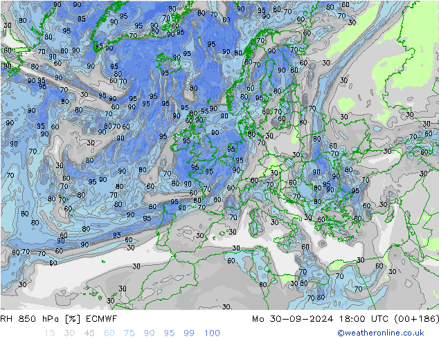 RH 850 гПа ECMWF пн 30.09.2024 18 UTC