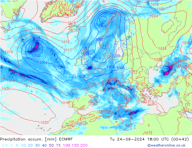 Totale neerslag ECMWF di 24.09.2024 18 UTC