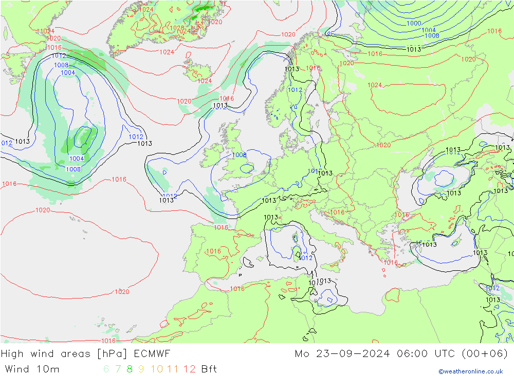 High wind areas ECMWF lun 23.09.2024 06 UTC