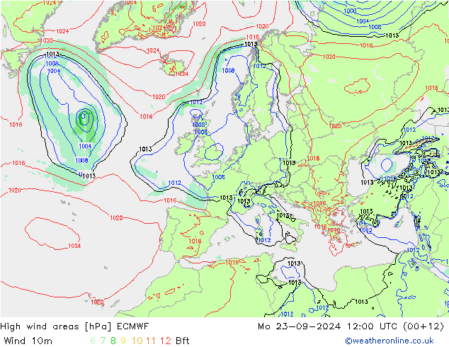 High wind areas ECMWF Mo 23.09.2024 12 UTC