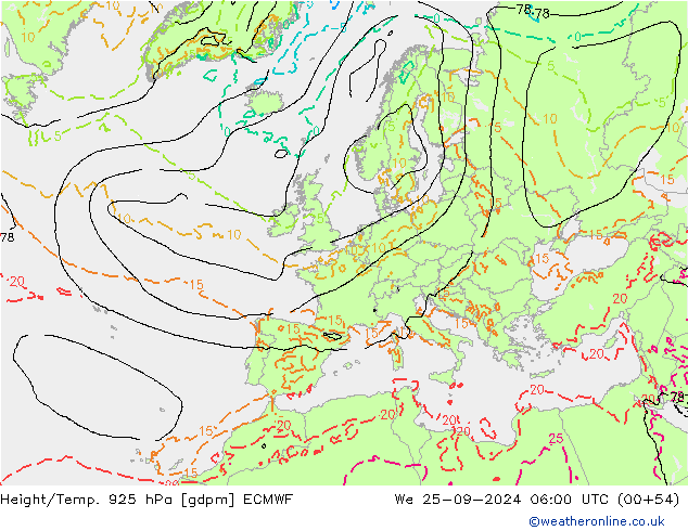 Height/Temp. 925 hPa ECMWF śro. 25.09.2024 06 UTC