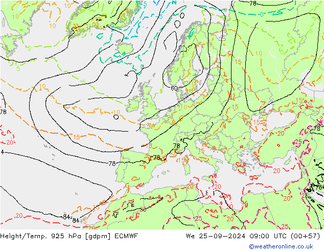 Height/Temp. 925 hPa ECMWF mer 25.09.2024 09 UTC