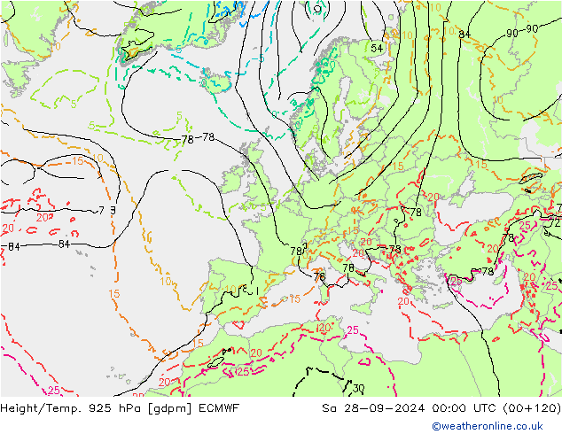 Height/Temp. 925 hPa ECMWF Sa 28.09.2024 00 UTC