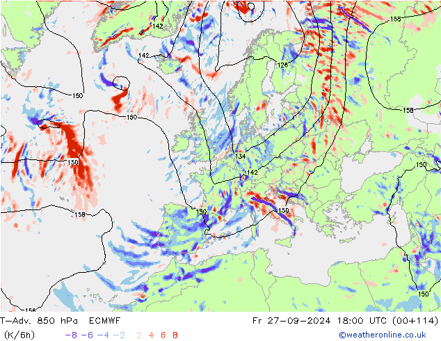 T-Adv. 850 hPa ECMWF ven 27.09.2024 18 UTC