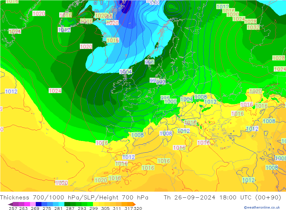 Thck 700-1000 hPa ECMWF gio 26.09.2024 18 UTC