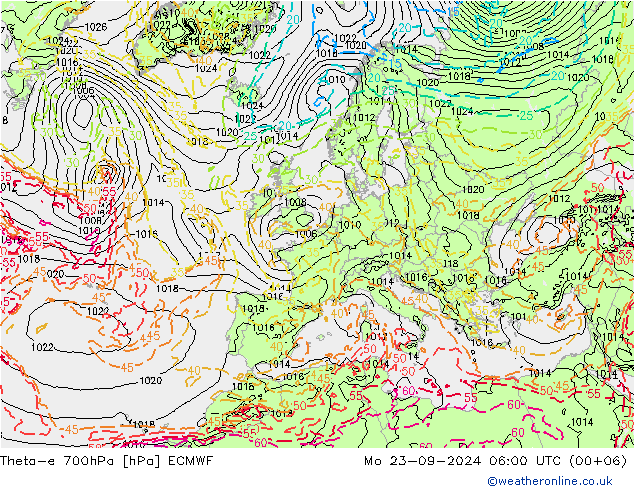 Theta-e 700hPa ECMWF Mo 23.09.2024 06 UTC