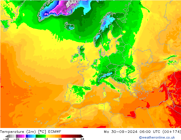 mapa temperatury (2m) ECMWF pon. 30.09.2024 06 UTC