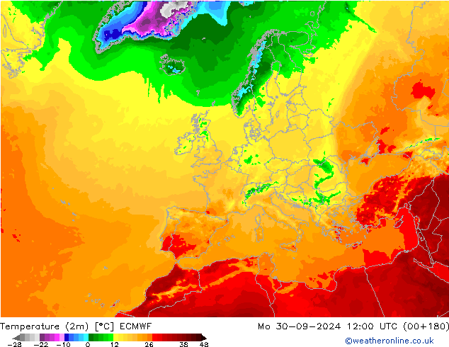 Temperature (2m) ECMWF Mo 30.09.2024 12 UTC