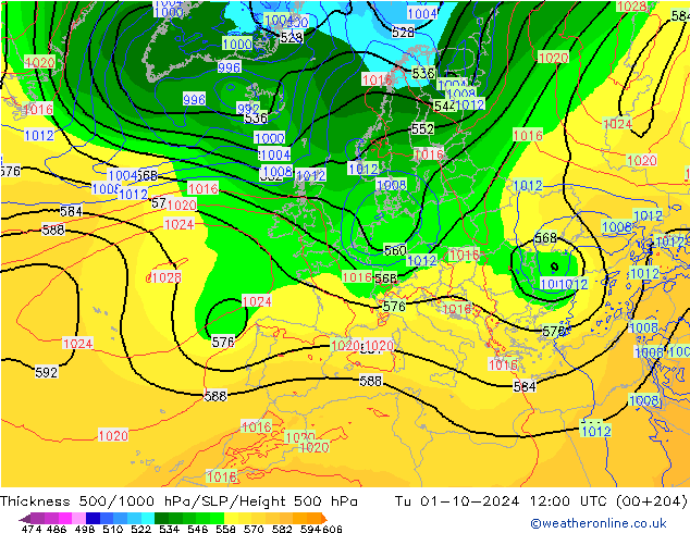 Schichtdicke 500-1000 hPa ECMWF Di 01.10.2024 12 UTC