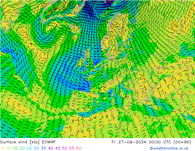 Surface wind ECMWF Fr 27.09.2024 00 UTC