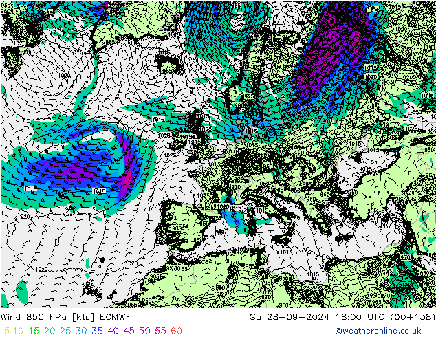 Vent 850 hPa ECMWF sam 28.09.2024 18 UTC