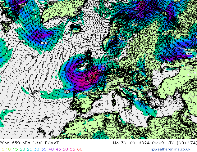 ветер 850 гПа ECMWF пн 30.09.2024 06 UTC