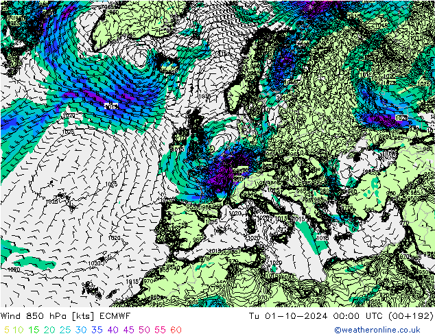 Wind 850 hPa ECMWF Tu 01.10.2024 00 UTC