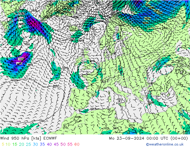 Wind 950 hPa ECMWF Po 23.09.2024 00 UTC