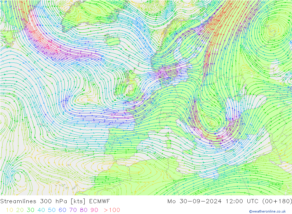 Streamlines 300 hPa ECMWF Mo 30.09.2024 12 UTC