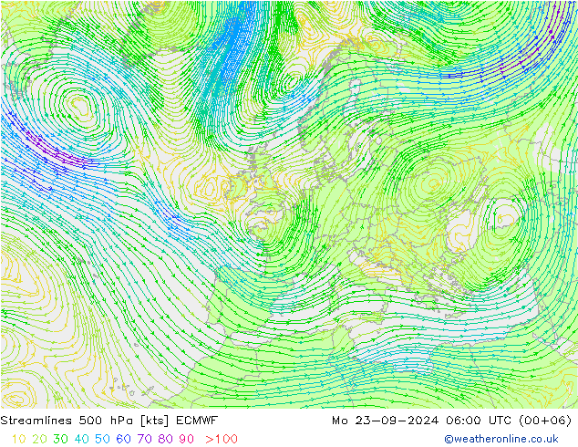 Linia prądu 500 hPa ECMWF pon. 23.09.2024 06 UTC