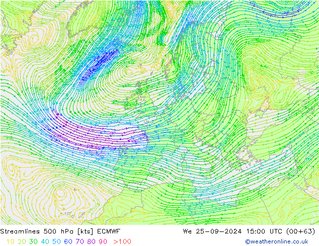 Streamlines 500 hPa ECMWF We 25.09.2024 15 UTC