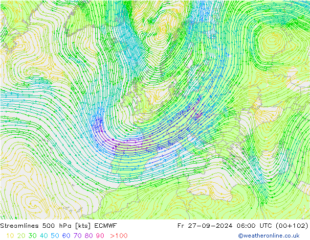 Streamlines 500 hPa ECMWF Fr 27.09.2024 06 UTC